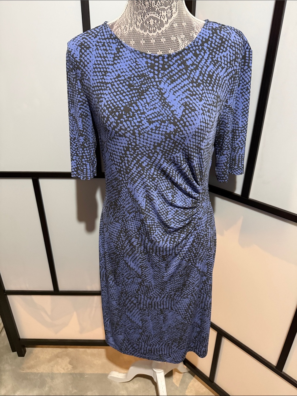 Apt. 9 Blue and Black Printed Ruched Side Midi Dress